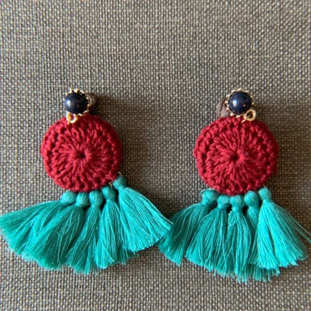 Burgundy and Teal Woven Disc Tassel Earrings